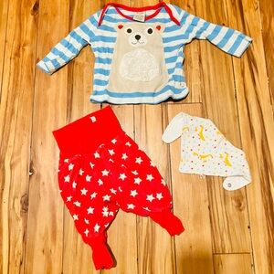 Frugi adorable organic bear top, parsnip bottoms, and bandana 0-3mos
